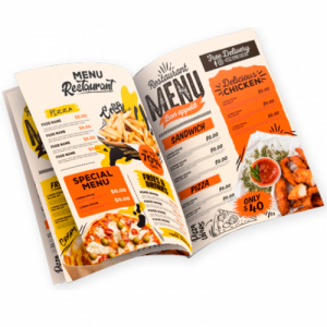 Cardápio Livreto 8 páginas A4 Cartão DuoDesign 300g/m² 30cm x 42cm (aberto) frente e verso colorido Laminação fosca 1/1 Corte reto 